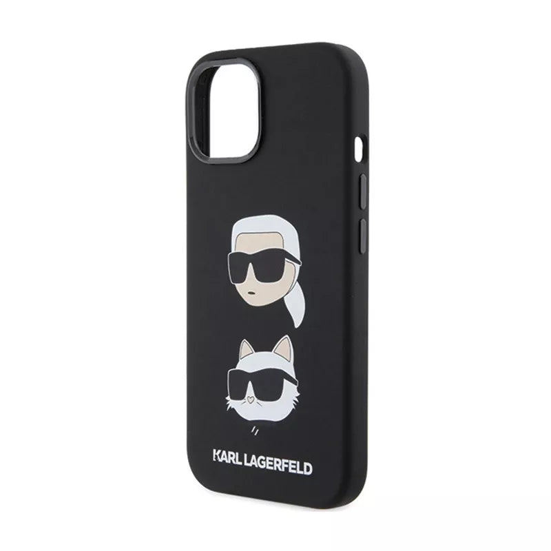 Karl Lagerfeld silikoninis dėklas „Karl & Choupette Heads“ – „iPhone 15 Plus“ (juodas)