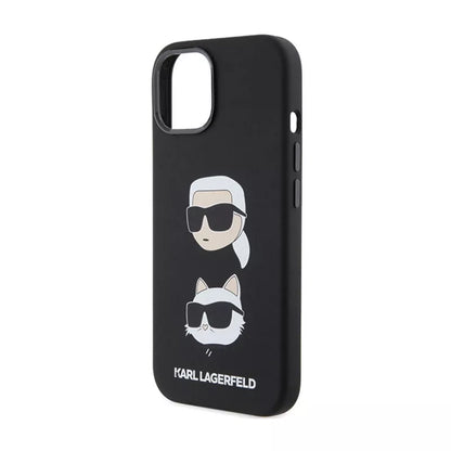 Karl Lagerfeld silikoninis dėklas „Karl & Choupette Heads“ – „iPhone 15 Plus“ (juodas)