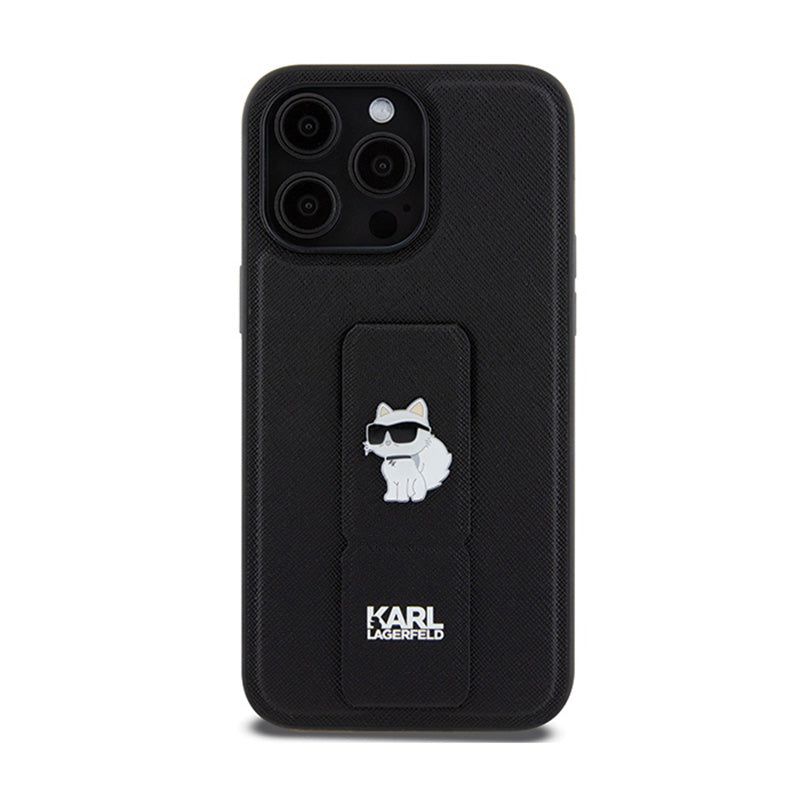 Karl Lagerfeld Gripstand Saffiano Choupette Pins – iPhone 13 Pro dėklas (juodas)