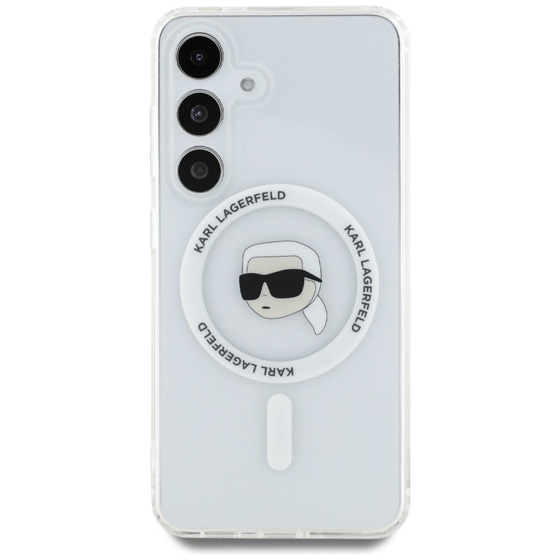 Karl Lagerfeld Button Karl Head Printed Logo MagSafe - Dėklas, skirtas Samsung Galaxy S25 (baltas)