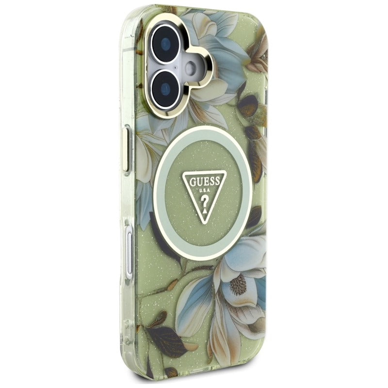 Guess Glitter Flowers Triangle Buttons MagSafe – Dėklas, skirtas iPhone 16 (žalias)