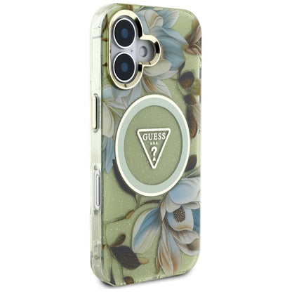 Guess Glitter Flowers Triangle Buttons MagSafe – Dėklas, skirtas iPhone 16 (žalias)