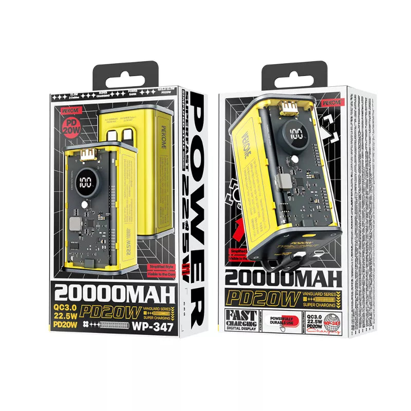WEKOME WP-347 Vanguard Series – Power bank 20000 mAh ypač greitas įkrovimas su integruotu USB-C PD 20W & Lightning + USB-A QC3.0 22.5W kabeliu (juodas)