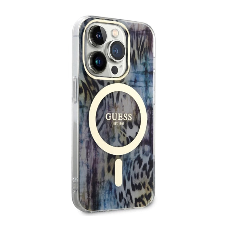 Guess Leopard MagSafe – dėklas, skirtas iPhone 14 Pro Max (mėlynas)