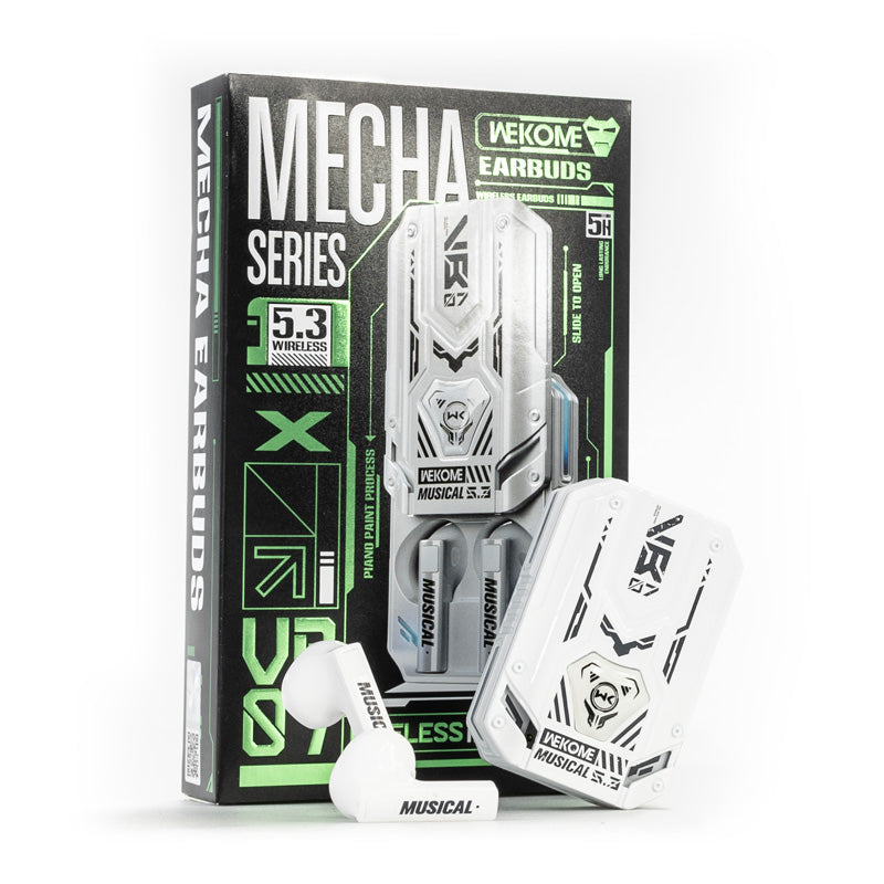 WEKOME VB07 Mecha Series - belaidės „Bluetooth V5.3 TWS“ ausinės su įkrovimo dėklu (balta)