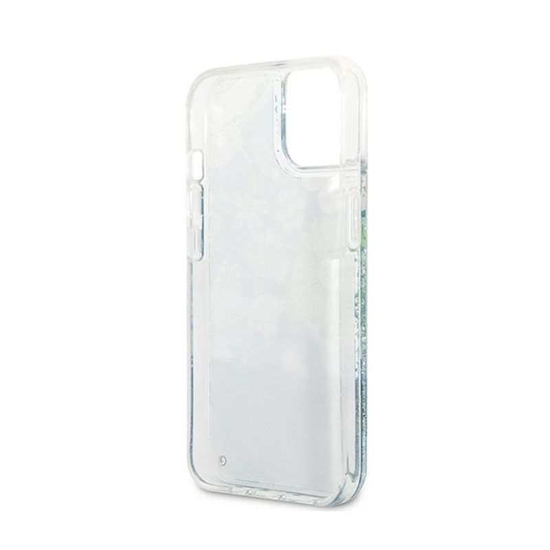 Guess Liquid Glitter Flower – iPhone 13 mini dėklas (mėlynas/žalias)