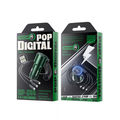 WEKOME WP-C44 Pop Digital Series - automobilinis įkroviklis su integruotu 3-in-1 USB-C / Lightning / Micro USB kabeliu ir 2x USB-A jungtimis, 33W (Juodas)