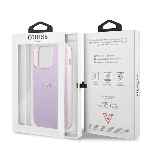 Guess Saffiano Hot Stamp & Metal Logo – „iPhone 13 Pro“ dėklas (violetinis)
