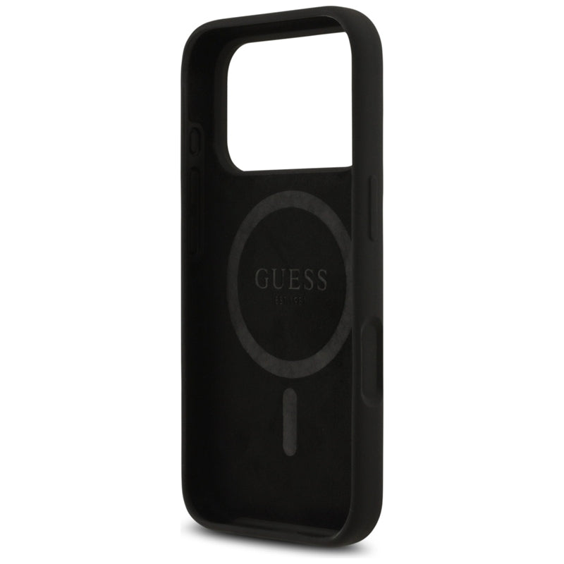 Guess Silikoninis MagSafe dėklas su Trikampio logotipu iPhone 17 Pro Max (juodas)