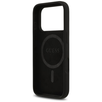 Guess Silikoninis MagSafe dėklas su Trikampio logotipu iPhone 17 Pro Max (juodas)