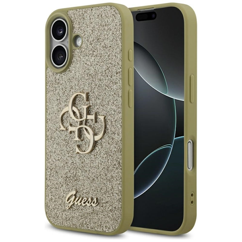Guess Fiksuotas Blizgučiai Big 4G dėklas iPhone 17 (auksinis)
