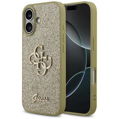 Guess Fiksuotas Blizgučiai Big 4G dėklas iPhone 17 (auksinis)