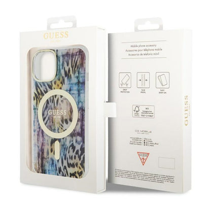 Guess Leopard MagSafe – dėklas iPhone 14 (mėlyna)
