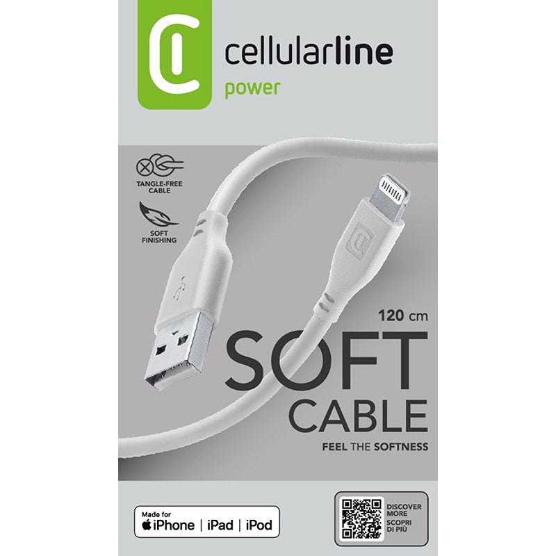 Cellularline Minkštas kabelis – USB-A į Lightning kabelis, MFi sertifikuotas, 1,2 m (pilkas)
