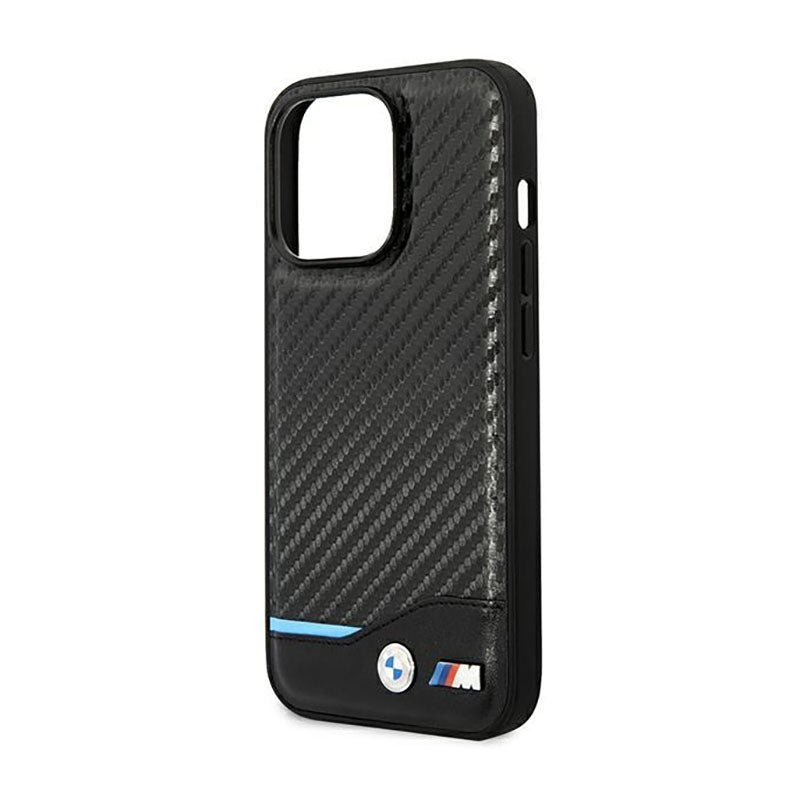 BMW Leather Carbon Blue Line - dėklas skirtas iPhone 14 Pro (juodas)