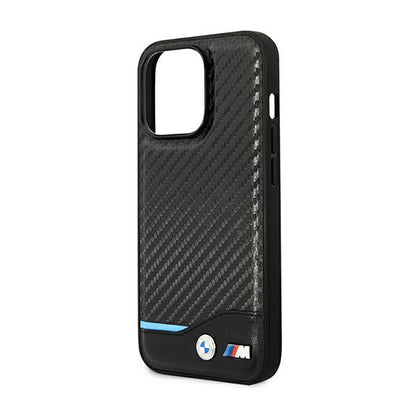 BMW Leather Carbon Blue Line - dėklas skirtas iPhone 14 Pro (juodas)