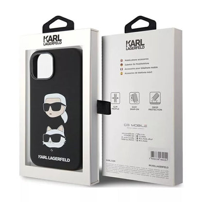 Karl Lagerfeld silikoninis dėklas „Karl & Choupette Heads“ – „iPhone 15 Plus“ (juodas)