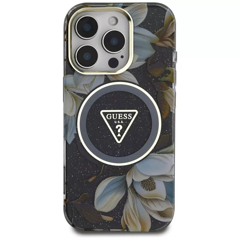 Guess Glitter Flowers Triangle Buttons MagSafe - Dėklas iPhone 16 Pro (juodas)