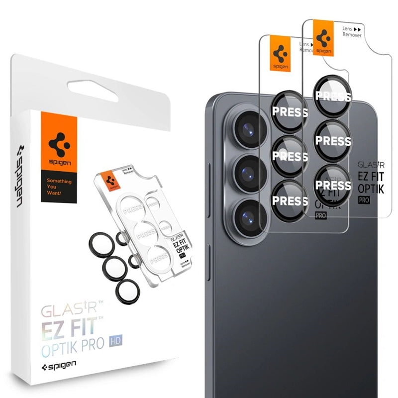 Spigen Optik Pro HD GLAS.TR EZ Fit kameros apsauga 2 vnt. – Stiklinė objektyvo apsauga, skirta Samsung Galaxy S26+ (2 vnt.) (juoda)