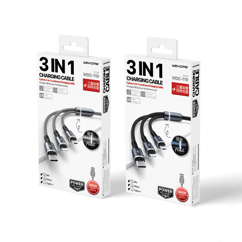 WEKOME WDC-119 Fython serijos - 3-in-1 USB-A į Lightning + USB-C + Micro USB PD jungiamasis kabelis 1.2 m (Juodas)