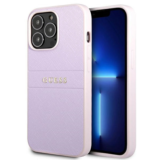 Guess Saffiano Hot Stamp & Metal Logo – „iPhone 13 Pro“ dėklas (violetinis)