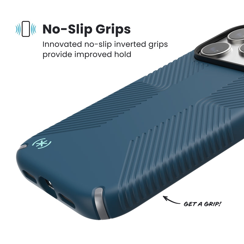 Speck Presidio2 Grip MagSafe – Dėklas iPhone 17 Pro (Tamsiai mėlynos / Sidabro metalo)