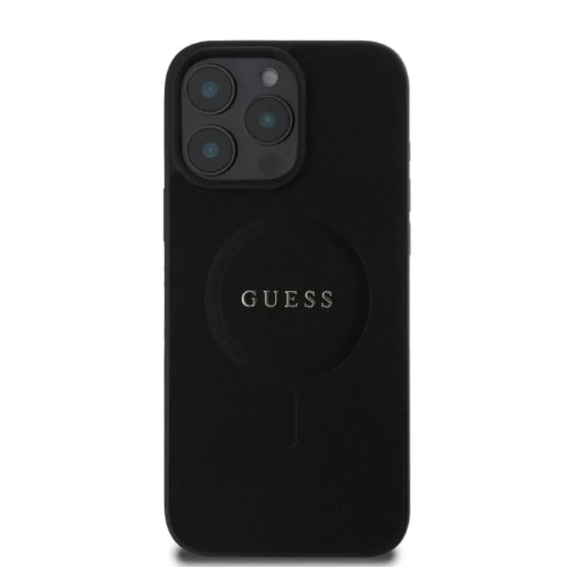 Guess Saffiano Classic Logo MagSafe – dėklas iPhone 16 Pro (juodas)