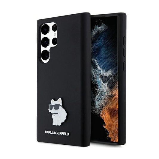 Karl Lagerfeld silikoninis „Choupette“ metalinis segtukas – dėklas „Samsung Galaxy S24 Ultra“ (juodas)