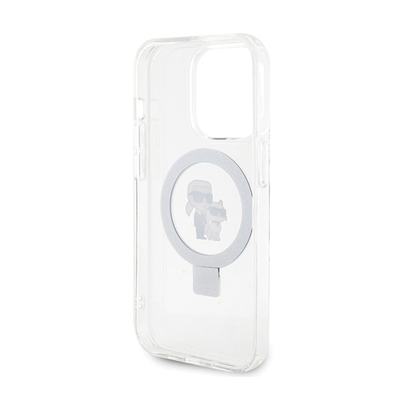 Karl Lagerfeld žiedinis stovas Karl & Choupette MagSafe – iPhone 14 Pro dėklas (baltas)