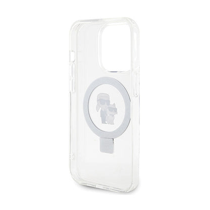 Karl Lagerfeld žiedinis stovas Karl & Choupette MagSafe – iPhone 14 Pro dėklas (baltas)