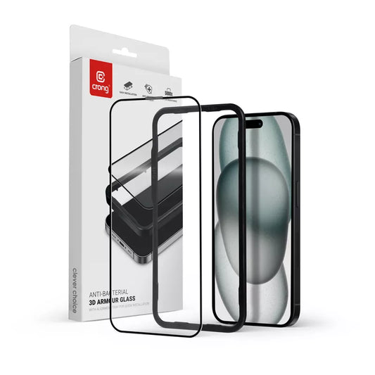 Crong Anti-Bacterial 3D Armour Glass – 9H pilnai klijuojamas grūdintas stiklas, skirtas „iPhone 16“ / „iPhone 15“ + montavimo rėmelis