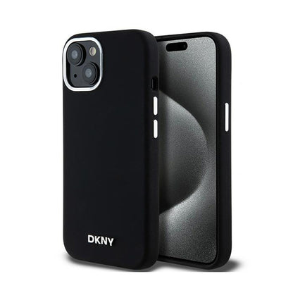 DKNY Liquid Silicone Small Metal Logo MagSafe – dėklas, skirtas iPhone 15 / 14 / 13 (juodas)