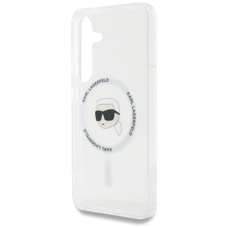 Karl Lagerfeld Button Karl Head Printed Logo MagSafe - Dėklas, skirtas Samsung Galaxy S25 (baltas)