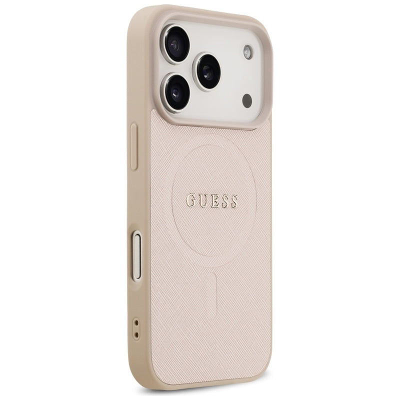 Guess Saffiano Klasikinis Logotipas MagSafe Dėklas iPhone 17 Pro (rožinis)