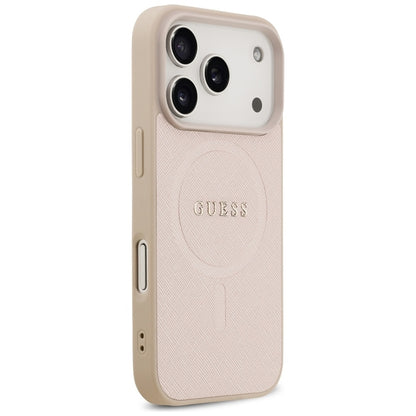 Guess Saffiano Klasikinis Logotipas MagSafe Dėklas iPhone 17 Pro (rožinis)