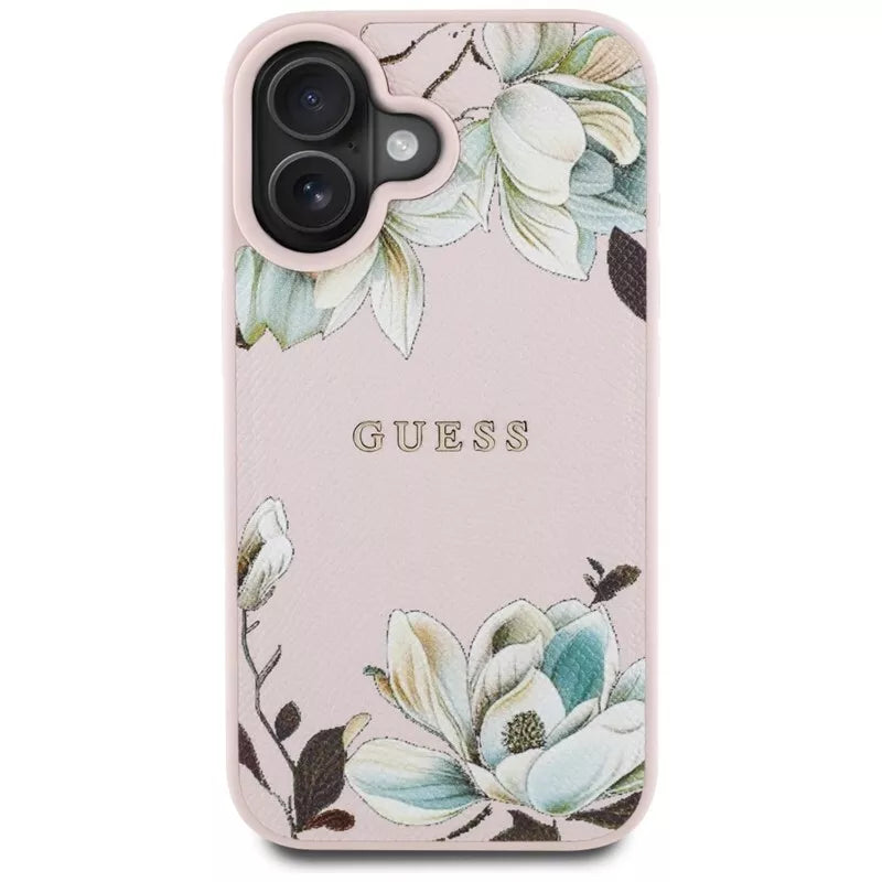 Guess Grained Printed Flower Pattern MagSafe - dėklas iPhone 16 (rožinis)