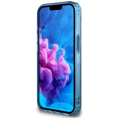 Guess IML Metal Glitter 4G Circle Triangle MagSafe – dėklas, skirtas iPhone 16e (mėlynas)