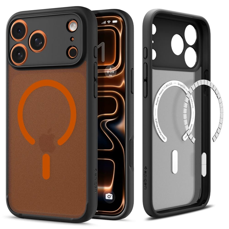Spigen Ultra Hybrid Mag MagSafe dėklas, skirtas iPhone 17 Pro Max (Frost Black / Orange)