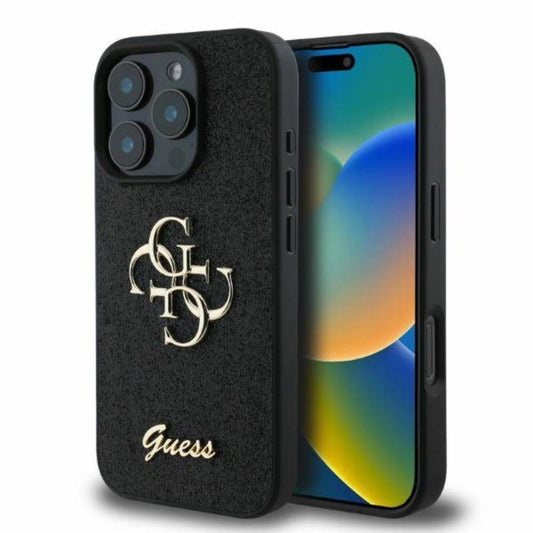 Guess Fiksuotų Blizgučių Dėklas Big 4G - iPhone 16 Pro Max (juodas)