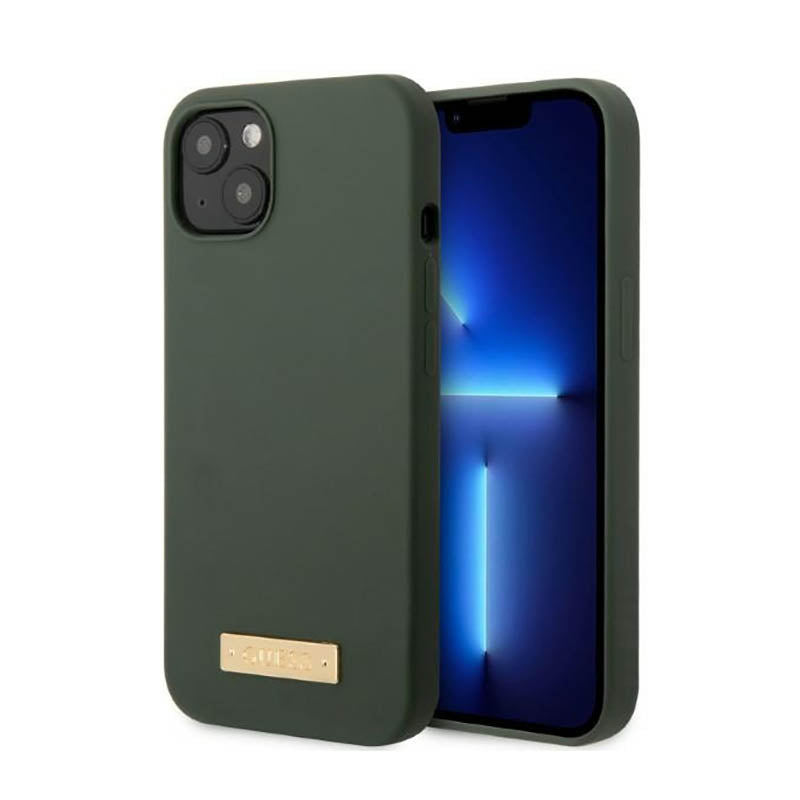 Guess Silicone Logo Plate MagSafe – dėklas, skirtas „iPhone 13“ (žalias)