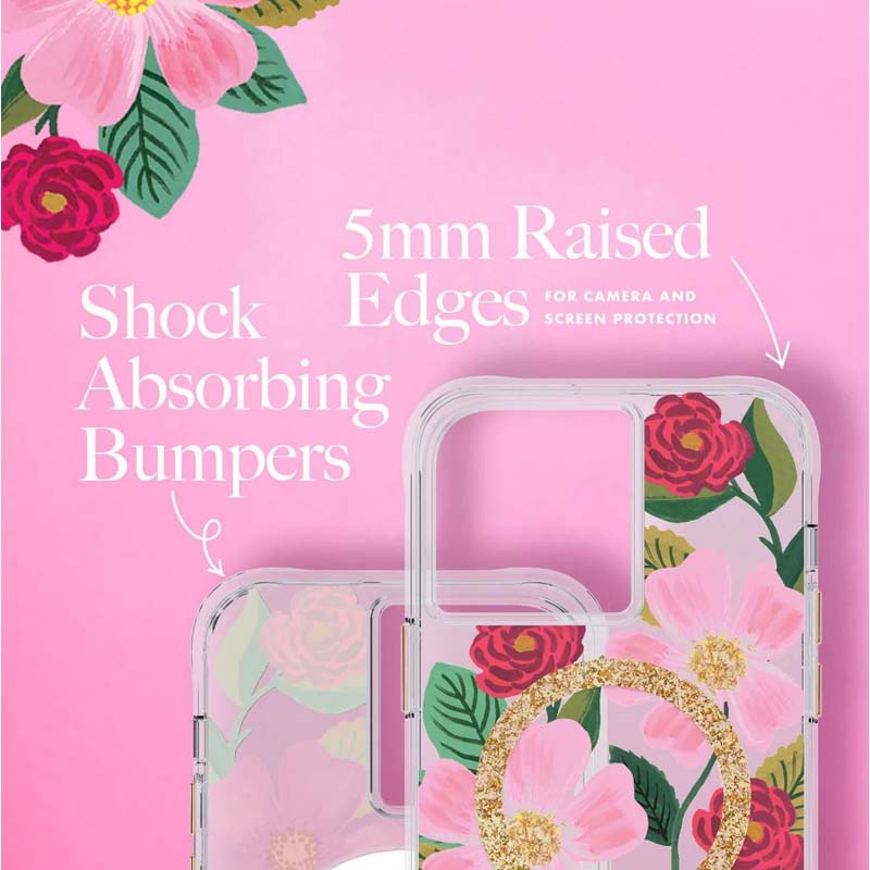 Rifle Paper Clear MagSafe – Aukso spalvos dekoruotas dėklas „iPhone 14 Plus“ (rožių sodas)