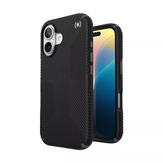 Speck Presidio2 Grip - Dėklas iPhone 16 (Juoda / Skalūninė pilka / Balta)