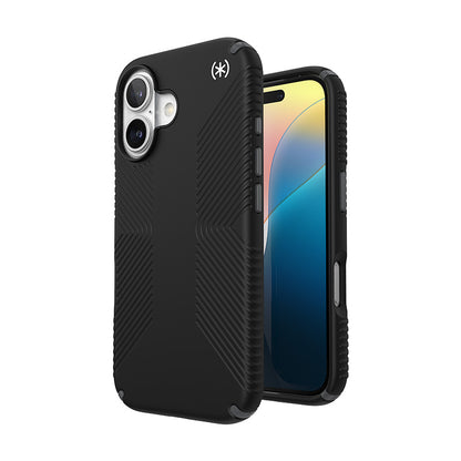 Speck Presidio2 Grip – dėklas iPhone 16 (juodos / skaidrios pilkos / baltos spalvos)