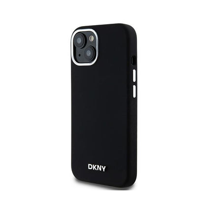 DKNY Liquid Silicone Small Metal Logo MagSafe – dėklas, skirtas iPhone 15 / 14 / 13 (juodas)