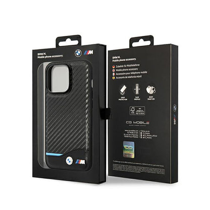 BMW Leather Carbon Blue Line - dėklas skirtas iPhone 14 Pro (juodas)