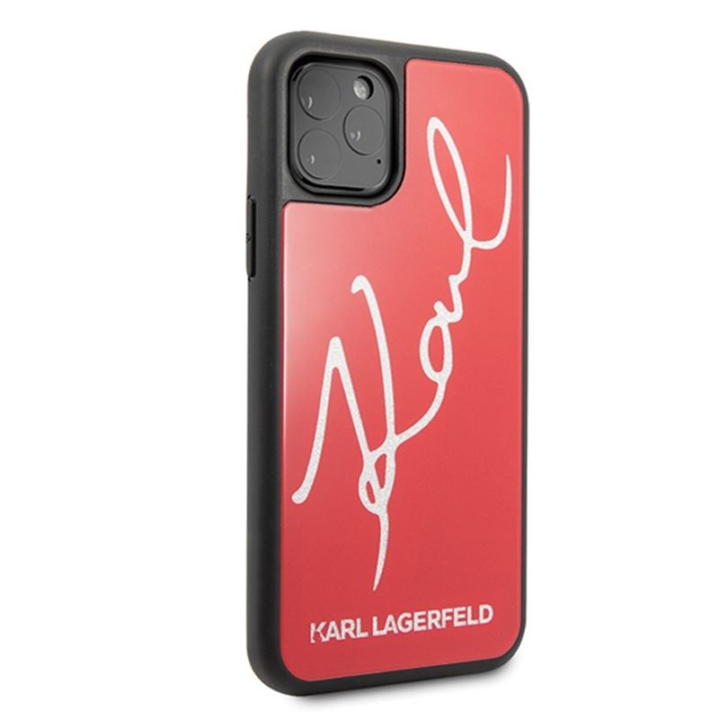 Karl Lagerfeld dvigubų sluoksnių grūdinto stiklo dėklas su blizgučiais „Signature Glitter Case“, skirtas „iPhone 11 Pro Max“ (raudonas)