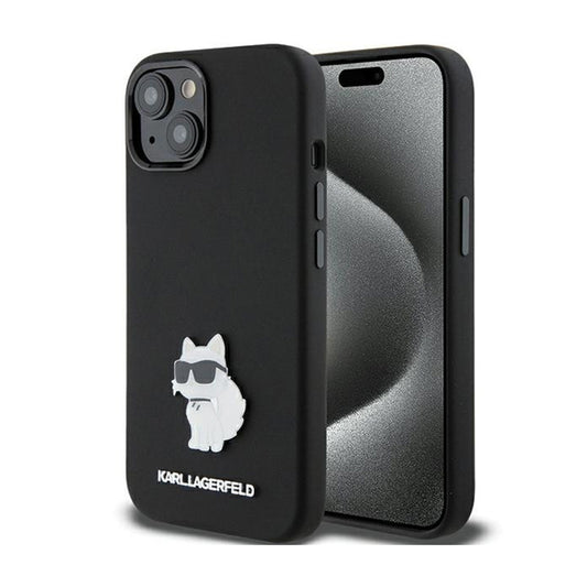 Karl Lagerfeld silikoninis "Choupette" metalinis segtukas – „iPhone 15 Plus“ dėklas (juodas)