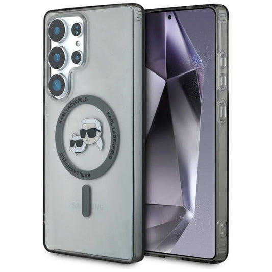 Karl Lagerfeld Button Karl & Choupette Heads Printed Logo MagSafe – dėklas, skirtas Samsung Galaxy S25 Ultra (juodas)