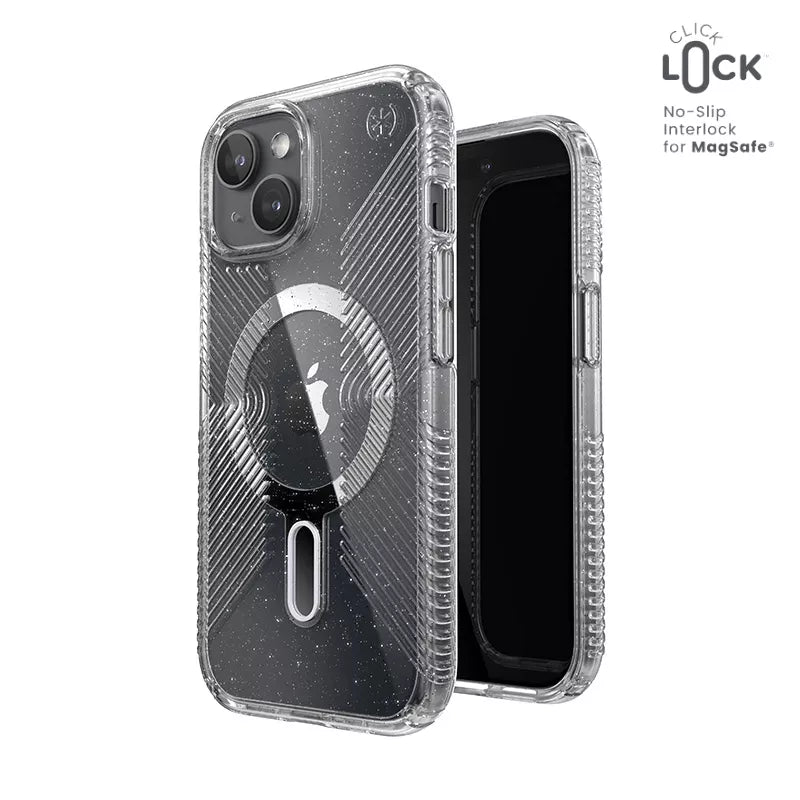 Speck Presidio Lux Grip ClickLock & Magsafe – Dėklas skirtas iPhone 16e / iPhone 15 / iPhone 14 / iPhone 13 (Permatomas / Platininis Blizgučiai / Chromo Apdaila / Raminantis Sidabrinis)