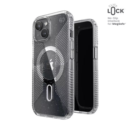 Speck Presidio Lux Grip ClickLock & Magsafe – Dėklas skirtas iPhone 16e / iPhone 15 / iPhone 14 / iPhone 13 (Permatomas / Platininis Blizgučiai / Chromo Apdaila / Raminantis Sidabrinis)